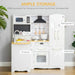 Kids white wooden kitchen playset with refrigerator, drawers, cabinets, and hanging hooks