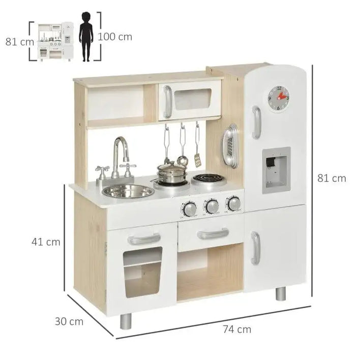 Kids wooden kitchen playset with water dispenser, stainless steel accessories, and size dimensions
