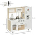 Kids wooden kitchen playset with water dispenser, stainless steel accessories, and size dimensions