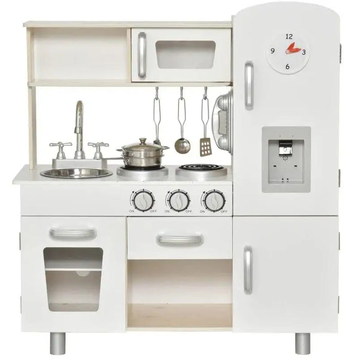 Kids wooden kitchen playset in white with water dispenser and stainless steel accessories