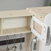 Kids wooden kitchen playset with open cabinet, utensils, and stainless steel accessories