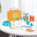 Kids wooden pet hospital veterinary kit with toy medical tools and carry case on table