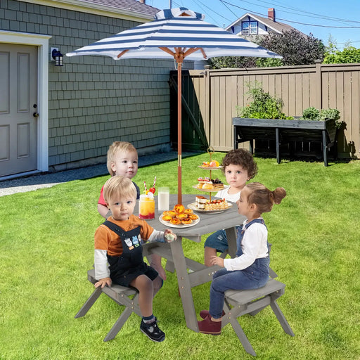 Kids Wooden Picnic Table Set 6-Piece Octagon | Grey with Adjustable Umbrella - Little and Giant Explorers Costway