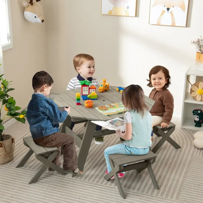 Kids Wooden Picnic Table Set 6-Piece Octagon | Grey with Adjustable Umbrella - Little and Giant Explorers Costway