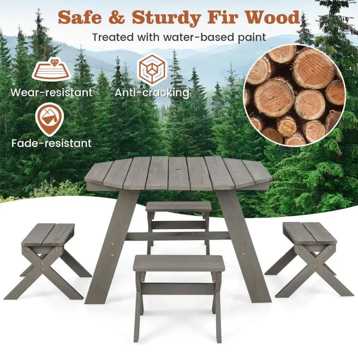 Kids Wooden Picnic Table Set 6-Piece Octagon | Grey with Adjustable Umbrella - Little and Giant Explorers Costway