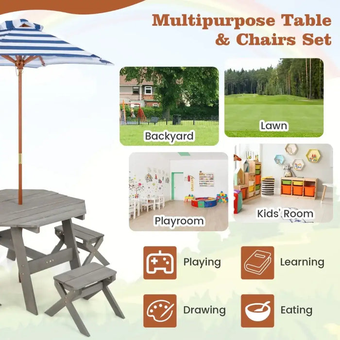 Kids Wooden Picnic Table Set 6-Piece Octagon | Grey with Adjustable Umbrella - Little and Giant Explorers Costway