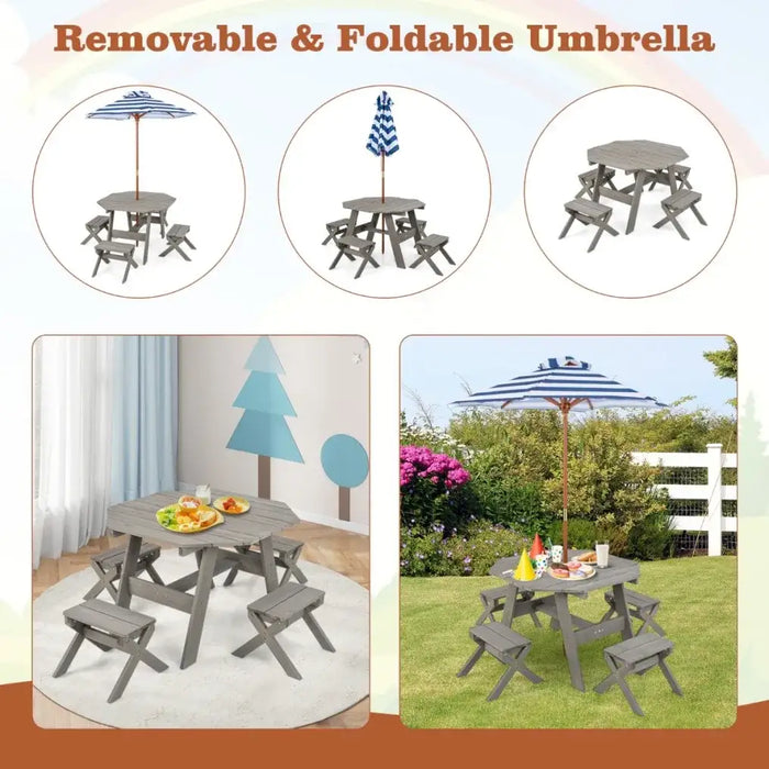 Kids Wooden Picnic Table Set 6-Piece Octagon | Grey with Adjustable Umbrella - Little and Giant Explorers Costway
