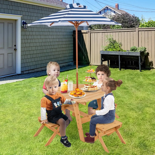 Kids Wooden Picnic Table Set with Umbrella – Natural Fir Wood | 6-Piece Octagon Design COSTWAY - Little and Giant Explorers Costway