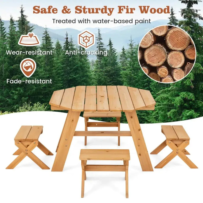 Kids Wooden Picnic Table Set with Umbrella – Natural Fir Wood | 6-Piece Octagon Design COSTWAY - Little and Giant Explorers Costway