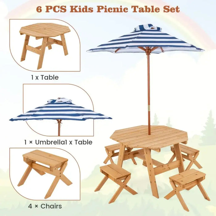 Kids Wooden Picnic Table Set with Umbrella – Natural Fir Wood | 6-Piece Octagon Design COSTWAY - Little and Giant Explorers Costway