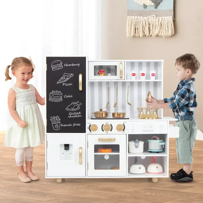 Kids Wooden Play Kitchen – Gold Utensils and Accents | Lights, Sounds and Chalkboard COSTWAY - Little and Giant Explorers Costway