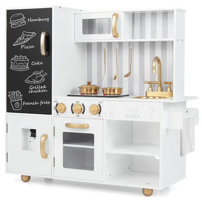 Kids Wooden Play Kitchen – Gold Utensils and Accents | Lights, Sounds and Chalkboard COSTWAY - Little and Giant Explorers Costway