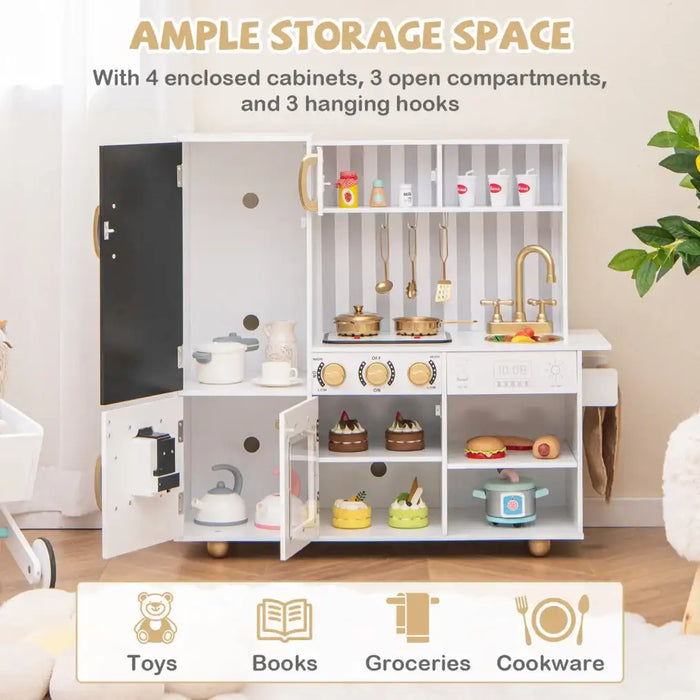 Kids Wooden Play Kitchen – Gold Utensils and Accents | Lights, Sounds and Chalkboard COSTWAY - Little and Giant Explorers Costway