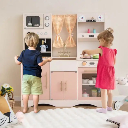 Kids Wooden Play Kitchen – Pink and White | Microwave, Coffee Maker and Ice Maker COSTWAY - Little and Giant Explorers Costway