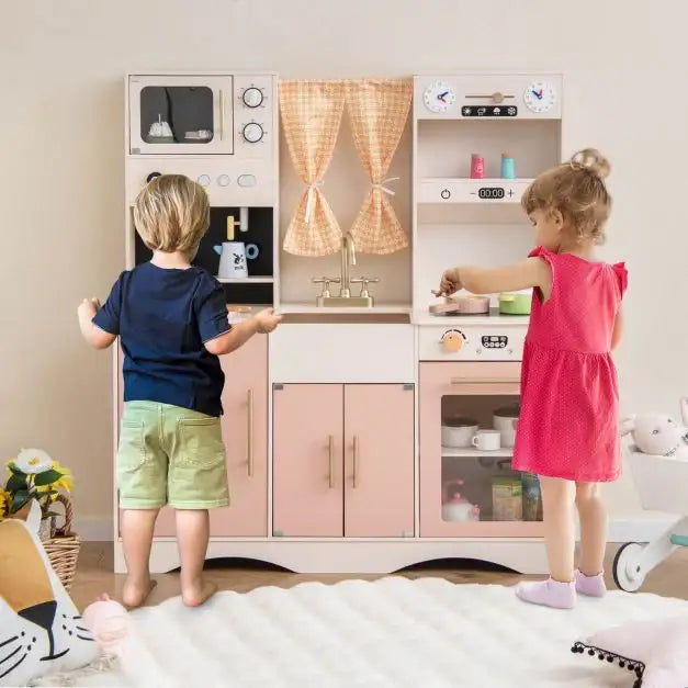 Kids Wooden Play Kitchen – Pink and White | Microwave, Coffee Maker and Ice Maker COSTWAY - Little and Giant Explorers Costway