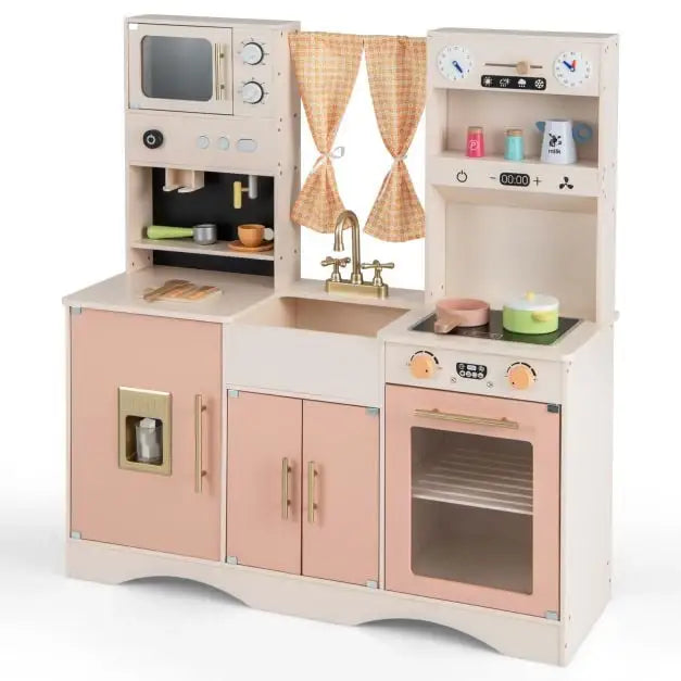 Kids Wooden Play Kitchen – Pink and White | Microwave, Coffee Maker and Ice Maker COSTWAY - Little and Giant Explorers Costway