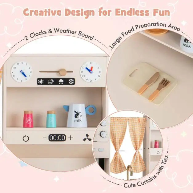 Kids Wooden Play Kitchen – Pink and White | Microwave, Coffee Maker and Ice Maker COSTWAY - Little and Giant Explorers Costway