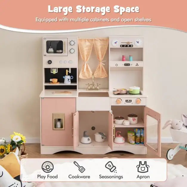 Kids Wooden Play Kitchen – Pink and White | Microwave, Coffee Maker and Ice Maker COSTWAY - Little and Giant Explorers Costway