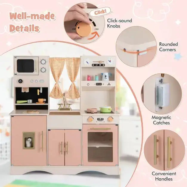 Kids Wooden Play Kitchen – Pink and White | Microwave, Coffee Maker and Ice Maker COSTWAY - Little and Giant Explorers Costway