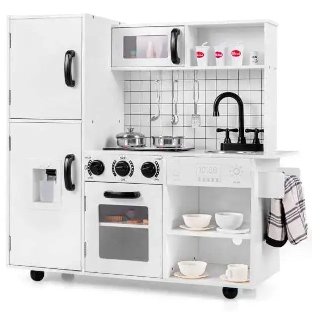 Kids Wooden Play Kitchen – White, Black and Gold | Lights, Sounds and Water Dispenser COSTWAY - Little and Giant Explorers Costway