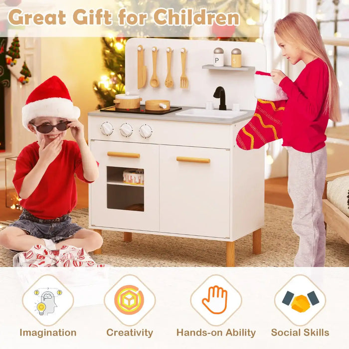 Kids Wooden Play Kitchen – White | Lights, Sounds and Complete Chef Set COSTWAY - Little and Giant Explorers Costway