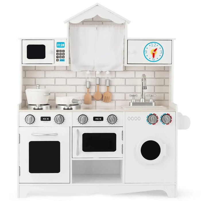 Classic white wooden pretend play kitchen set with stove, oven, microwave, sink, and cooking utensils
