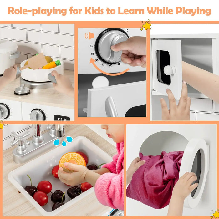 Kids playing with wooden pretend kitchen set: stove, sink, microwave, and washing machine toys