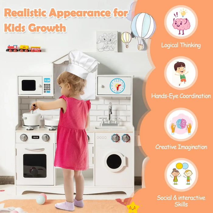 Toddler girl in chef hat cooking with classic wooden pretend kitchen playset in bright room