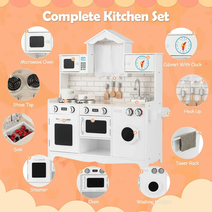 White wooden kids play kitchen set with microwave, cabinet, stove, sink, oven, steamer, washing machine, hooks, and towel rack