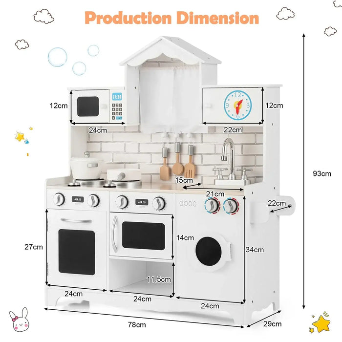 White wooden kids pretend play kitchen with oven, microwave, sink, stove, and hanging utensils