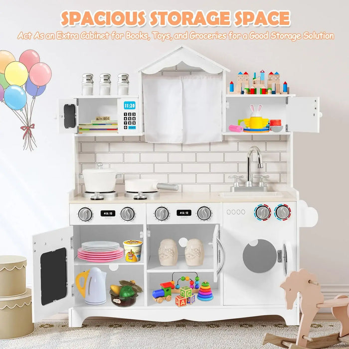 White wooden pretend play kitchen set with storage cabinets, toy food, dishes, and colorful building blocks