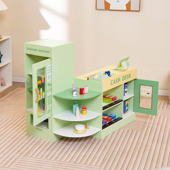 Kids Wooden Play Supermarket with Accessories in Green - Little and Giant Explorers Costway