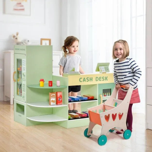 Kids Wooden Play Supermarket with Accessories in Green - Little and Giant Explorers Costway