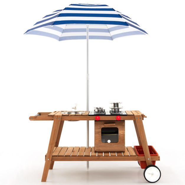 Wooden Play Trolley with Umbrella, Oven and Sink - Little and Giant Explorers Costway