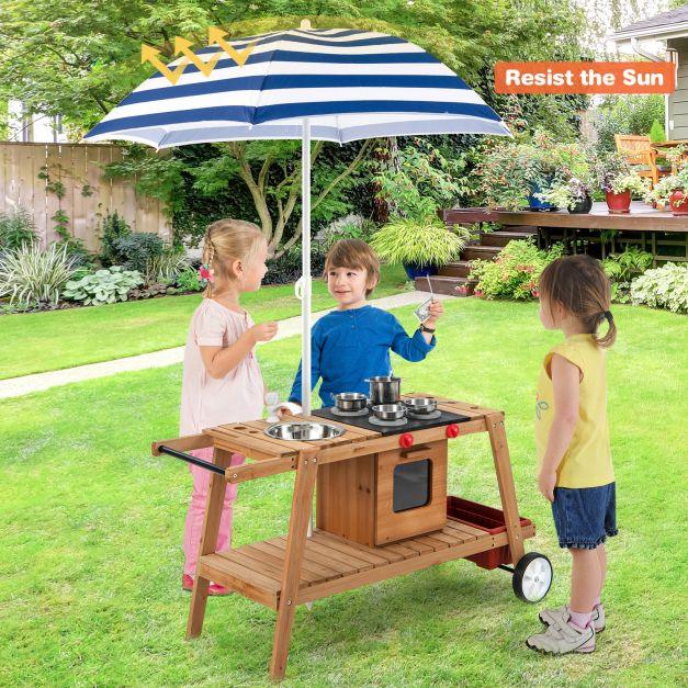 Wooden Play Trolley with Umbrella, Oven and Sink - Little and Giant Explorers Costway