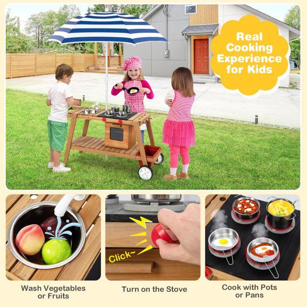 Wooden Play Trolley with Umbrella, Oven and Sink - Little and Giant Explorers Costway