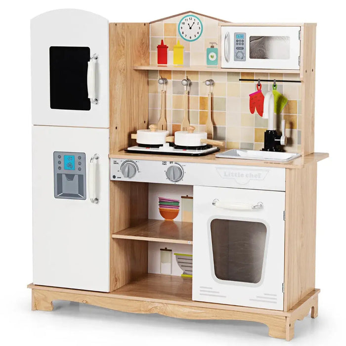 Kids Wooden Pretend Play Kitchen with Light, Sounds and Accessories - Little and Giant Explorers Costway