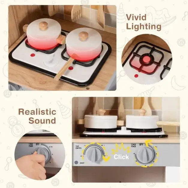 Kids Wooden Pretend Play Kitchen with Light, Sounds and Accessories - Little and Giant Explorers Costway