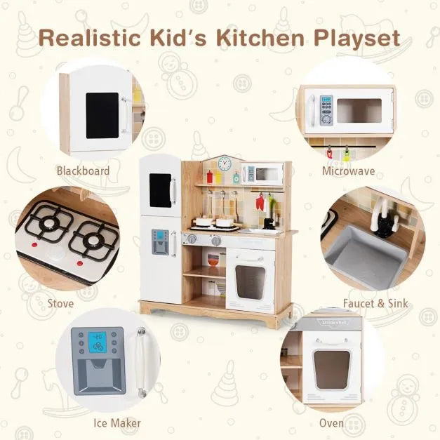 Kids Wooden Pretend Play Kitchen with Light, Sounds and Accessories - Little and Giant Explorers Costway