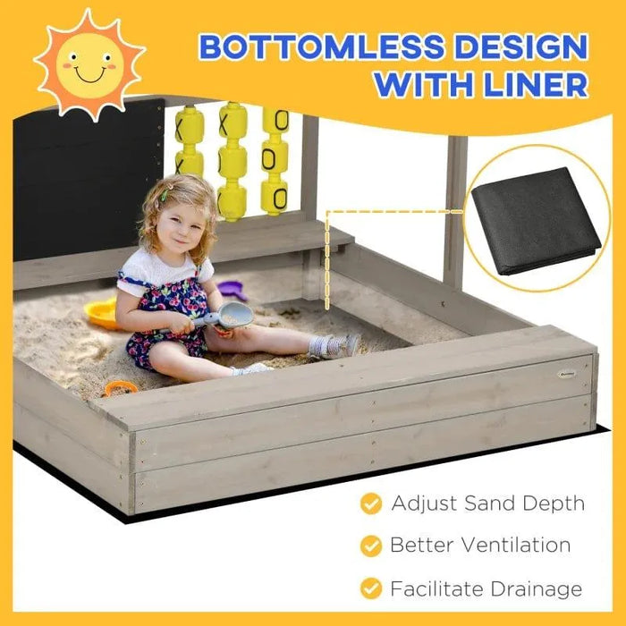 Kid playing in wooden sandbox with adjustable canopy, games, chalkboard, and sand liner