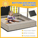 Kid playing in wooden sandbox with adjustable canopy, games, chalkboard, and sand liner