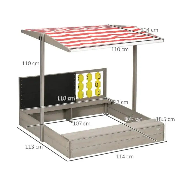 Kids wooden sandbox with adjustable red striped canopy, chalkboard, and game board, grey fir wood