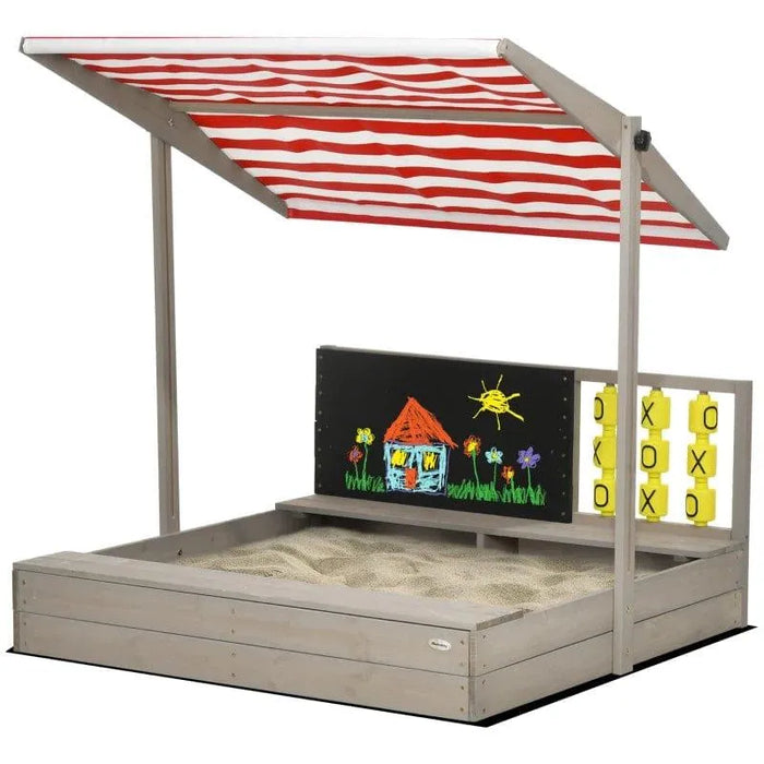 Kids wooden sandbox with adjustable red striped canopy, chalkboard, and tic-tac-toe game.