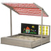 Kids wooden sandbox with adjustable red striped canopy, chalkboard, and tic-tac-toe game.