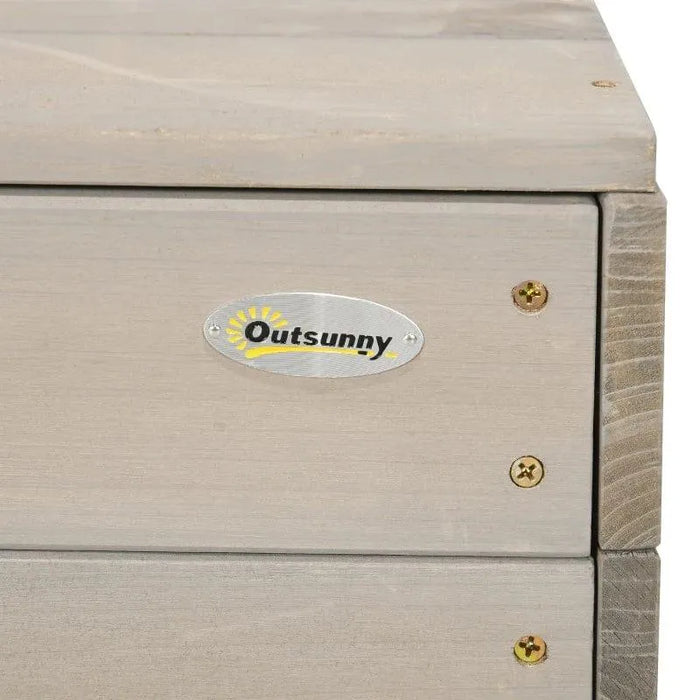Close-up of Outsunny logo on grey wooden sandbox panel with metal screws.