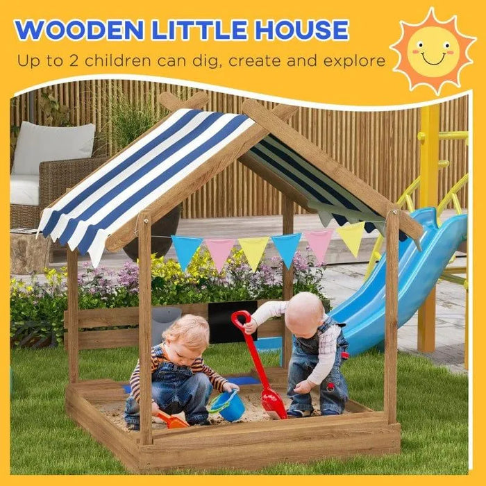 Kids playing in a wooden sandbox with canopy, house design, slide, and garden accessories.