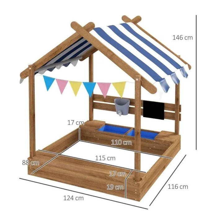 Kids wooden sandbox with house canopy, striped roof, bunting flags, and play accessories