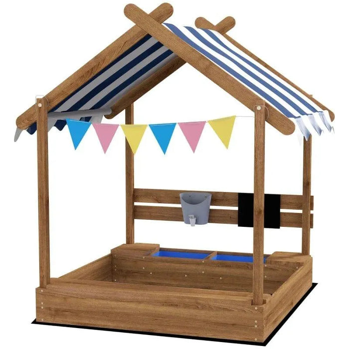 Kids wooden sandbox with house-shaped canopy, bunting flags, and play accessories