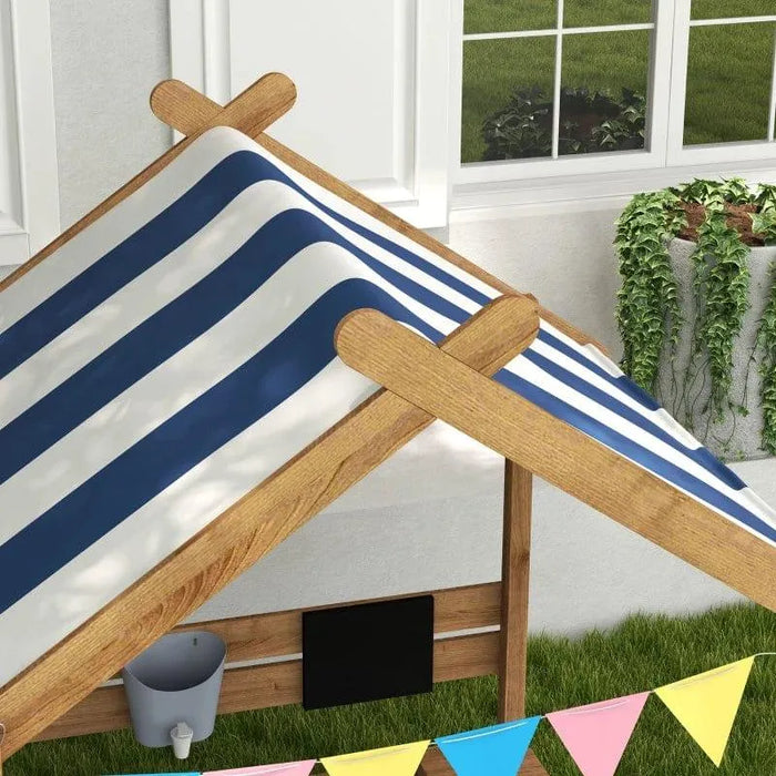 Kids wooden sandbox with blue striped canopy, garden playhouse design, and bunting flags