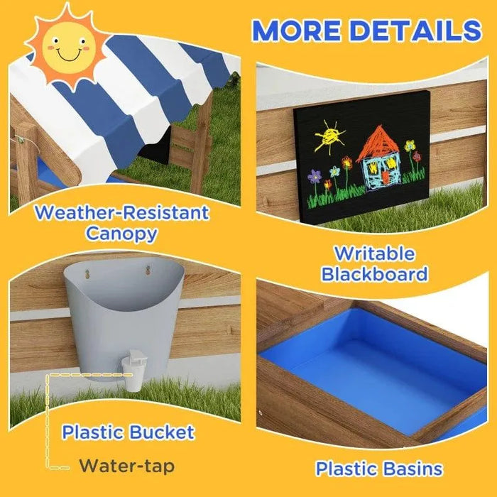 Kids wooden sandbox house with striped canopy, blackboard, plastic bucket, and blue plastic basin.